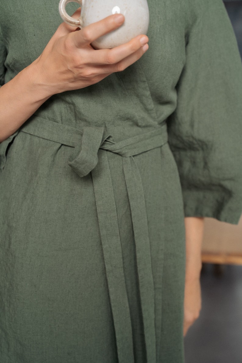 Green linen wrap dress linen kimono robe Minimalistic kimono linen dress linen Japanese dress image 6