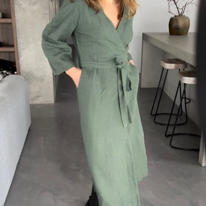 Green linen wrap dress linen kimono robe Minimalistic kimono linen dress linen Japanese dress image 4