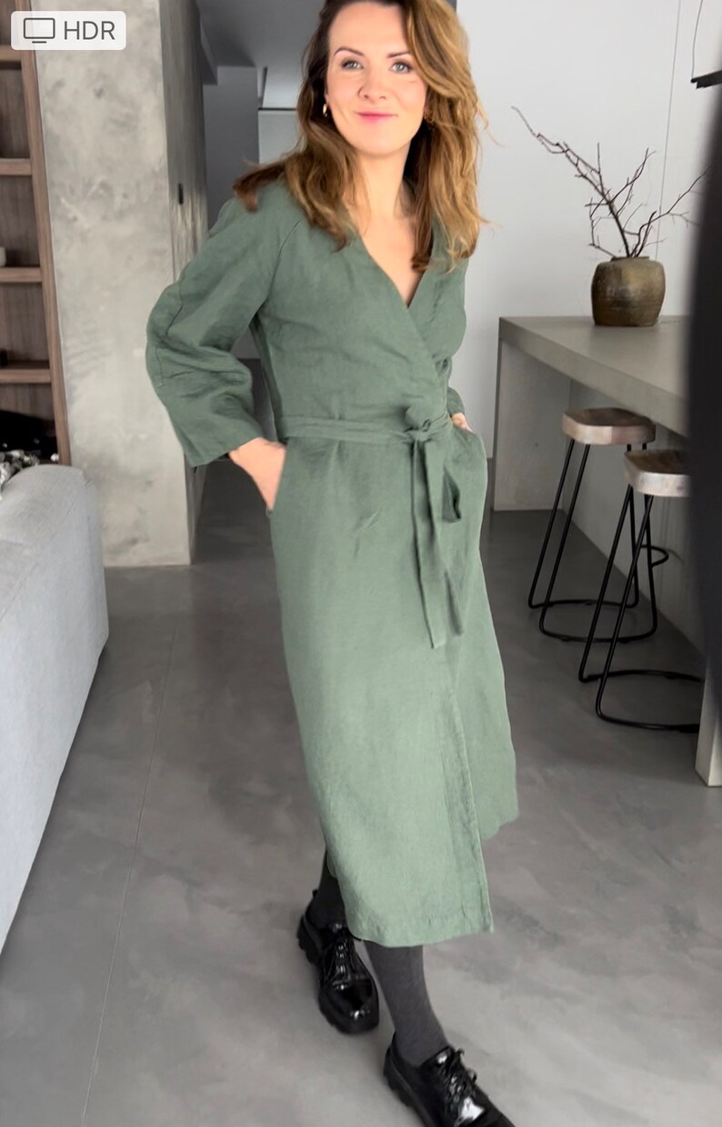 Green linen wrap dress linen kimono robe Minimalistic kimono linen dress linen Japanese dress image 4