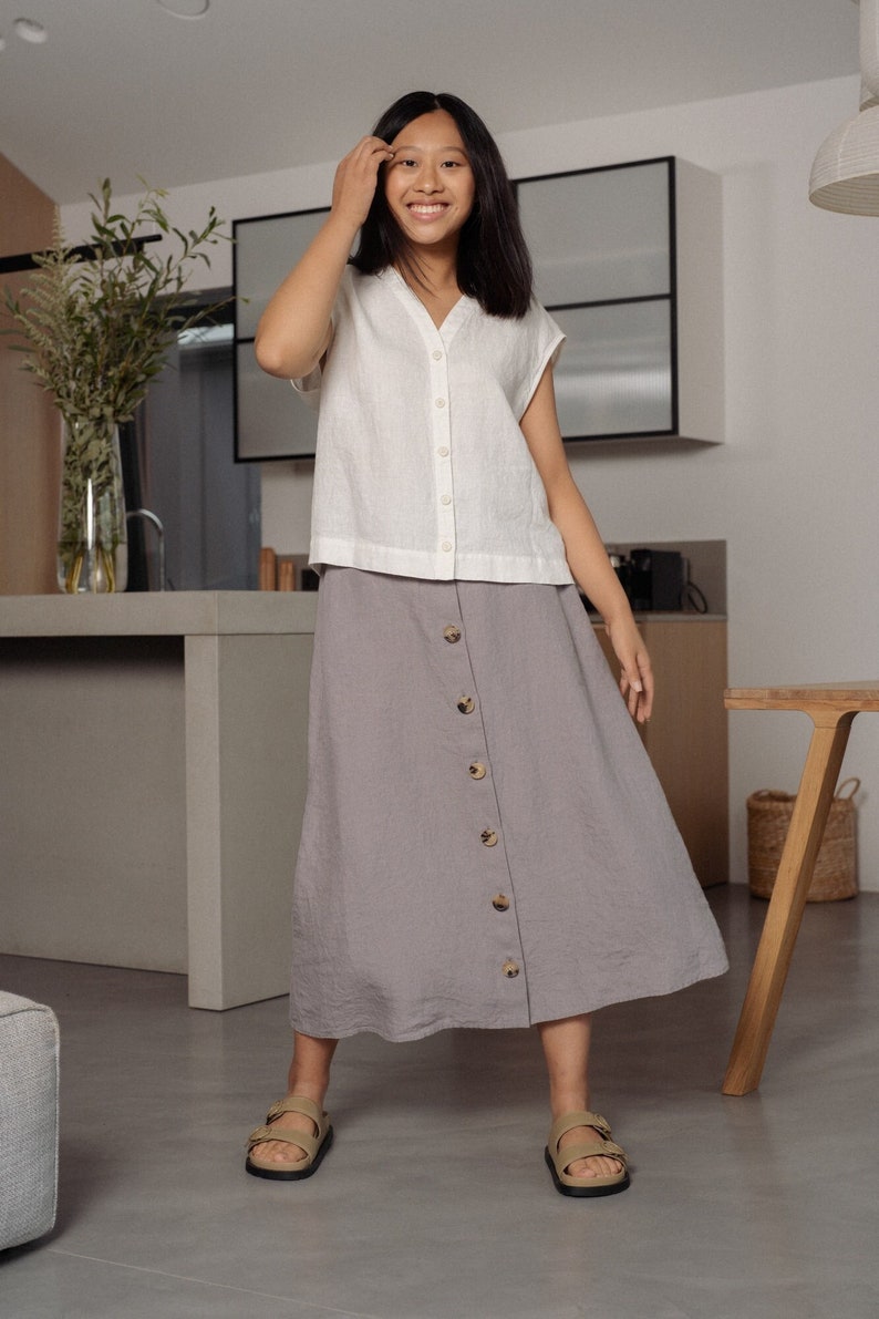 Linen A line, high waisted midi skirt with pockets and front buttons image 5