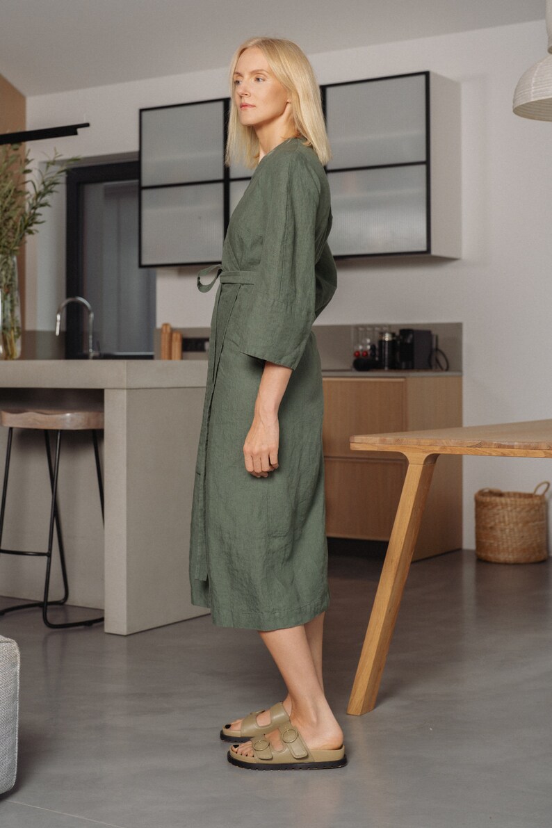 Green linen wrap dress linen kimono robe Minimalistic kimono linen dress linen Japanese dress image 7