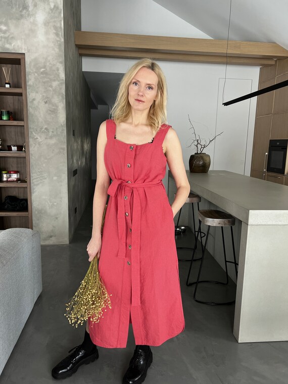 Sleeveless Linen Midi Shirtdress - Apron Buttoned Linen Dress - Summer Linen Dress- Fit and Flare Dress - Gift for Wife, Girlfriend