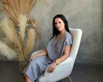 Vestido de verano casual de túnica de lino largo hecho a mano natural para las mujeres, ajuste suelto de gran tamaño más tamaño maternidad midi ropa de bata de lino minimalista