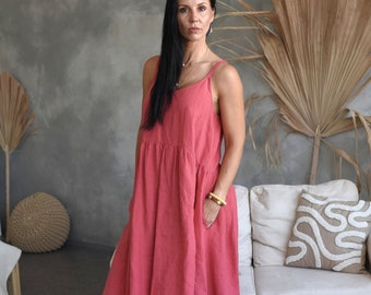 Leinen Schultergurt Rosa Sommerkleid für Frauen, Handmade Plus Size Mutterschaft Maxi Lange Ärmel Boho Strand Lose Slip Schwangerschaft Kleidung