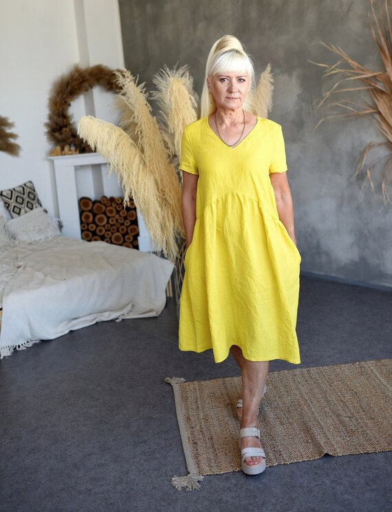 Loose Fit Linen Dress , Casual Summer Dress for Women With V-neck and Short  Sleeves - Etsy UK