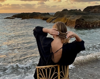 Vestido de lino de verano con espalda abierta – Vestido de lino de verano de playa - Vestido de lino mínimo de vacaciones - Vestido de lino fluido de vacaciones de verano - Ropa de vacaciones
