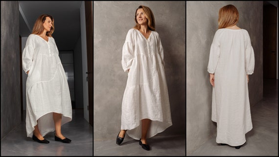 Long Linen Loose Dress - Retro Style Curve Linen Dress - Boho Style White Linen  Dress - Etsy