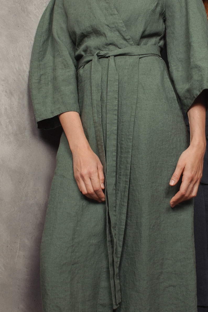 Green linen wrap dress linen kimono robe Minimalistic kimono linen dress linen Japanese dress image 3