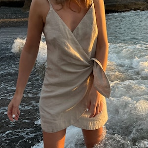 Bridesmaids party natural mini linen dress - Bachelorette party short linen dress -  Wedding guest mini minimalistic dress