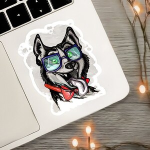 Husky met bowtie en bril matte sticker- laptop- laptop sticker