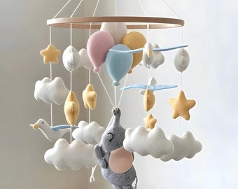 Elephant Baby Mobile, Nursery Decor Felt Crib Mobile, Elephant With Balloons, Felt Crib Mobile, Handmade Baby Mobile, Baby Gift, Clouds