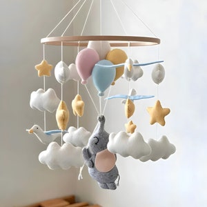 Elephant Baby Mobile, Nursery Decor Felt Crib Mobile, Elephant With Balloons, Felt Crib Mobile, Handmade Baby Mobile, Baby Gift, Clouds