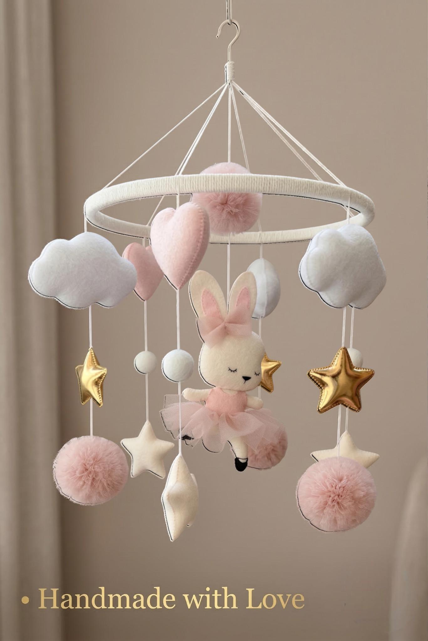 Personalized Ballerina Bunny Baby Mobile, Pink Felt Nursery Decor, Handmade Rabbit Crib Hanging