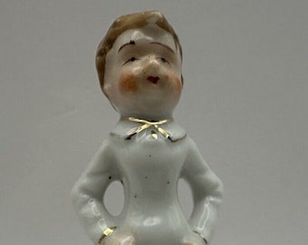 Vintage Boy Sitting on Stump Rosy Cheeks Figurine Japan 3.5”