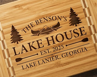 Lake House Cutting Personalized Board Serving Custom Family Cabin Kitchen Decor Rustic Bamboo Accessory Vacation Home Housewarming Gift