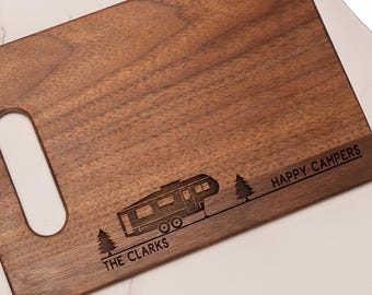 Happy campers Rv gifts Personalized cutting board Rv accessories Camper decor Engraved Walnut charcuterie board Camping gift for couple