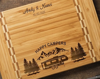 Happy campers Personalized cutting board Rv accessories for inside Camper decor Engraved charcuterie board Camping gift for couple Rv gifts