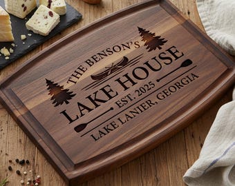 Personalized Lake House Cutting Board Serving Custom Family Cabin Kitchen Decor Rustic Wooden Accessory Vacation Home Housewarming Gift
