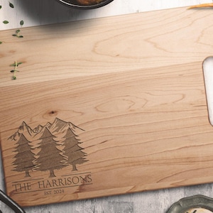 Personalized rustic cutting board, Engraved cutting board with mountain range & trees, Personalized engraved cutting board