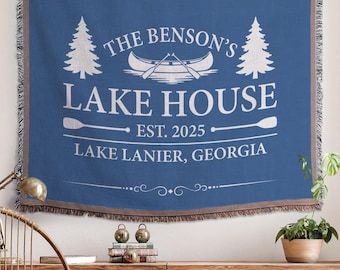 Personalized Lake House Woven Blanket Custom Design Cabin Decor Housewarming Vacation Home Family Gift Cotton Throw Rustic Cottage Lakeside
