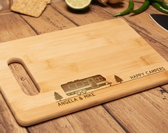 Happy campers Rv gifts Personalized cutting board Rv accessories Camper decor Engraved bamboo charcuterie board Camping gift for couple