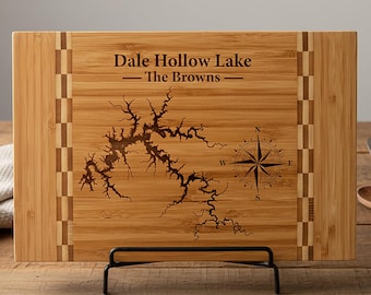 Custom Lake Cutting Board Personalized Lake House Decor Engraved Family Name Lake Life Gift for Cabin Decor Bamboo Charcuterie board