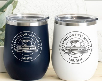 Personalized Pontoon Captain Wine Tumbler: Laser-Etched Boating Gift