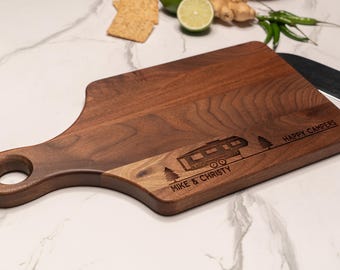 Happy campers Rv gifts Personalized cutting board with handle Rv accessories Camper decor Engraved charcuterie board Camping gift for couple