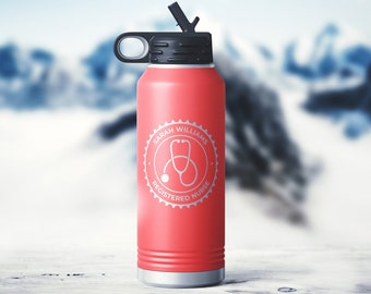 May include: A red stainless steel water bottle with a black lid and a white circle design that says "Sarah Williams Registered Nurse" with a stethoscope graphic.