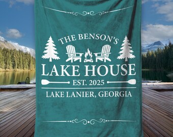 Personalized Lake House Blanket Custom Fleece Throw Teal Sherpa Cabin Decor House Warming Gift Family Vacation Home Accessory