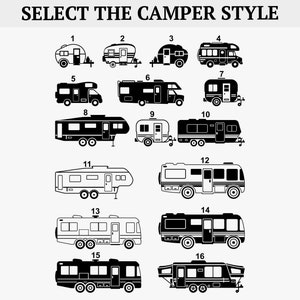 May include: Black and white illustrations of various camper styles, numbered 1 through 16. The text at the top reads "SELECT THE CAMPER STYLE". The image features different types of recreational vehicles, including trailers and motorhomes.