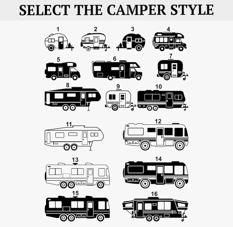 May include: Black and white illustrations of various camper styles, numbered 1 through 16. The text at the top reads "SELECT THE CAMPER STYLE". The image features different types of recreational vehicles, including trailers and motorhomes.