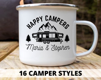 Personalized happy campers Campfire mug Custom enamel mug Camping couples Outdoor camping Rv gifts Rv decor Camp mug Camping gifts