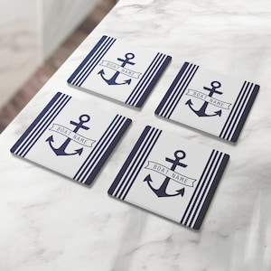 Personalized Boat Coasters: Nautical Anchor Design, Set of 4