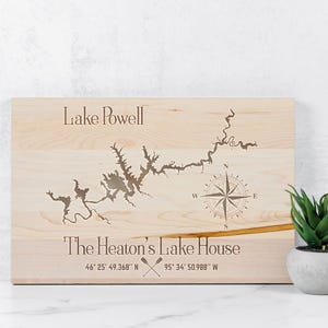 Custom lake map cutting board with lake house coordinates, Lake house decor, Personalized cutting board, Lakehouse gift, Lake life gifts