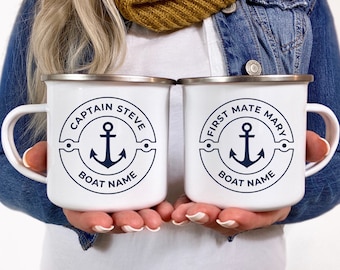 Personalized Boat Name Enamel Mug: Nautical Captain Gift