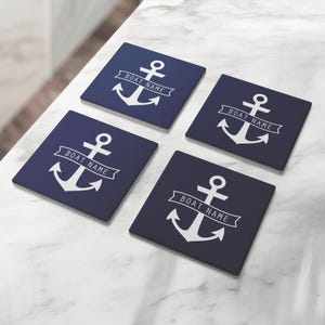 Personalized Boat Coasters: Nautical Anchor Design, Set of 4