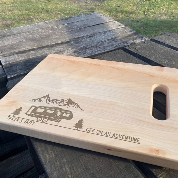 Off on an adventure Personalized cutting board Rv gifts Rv decor Camper decor Camp decor Engraved board Gift for campers Camping gifts