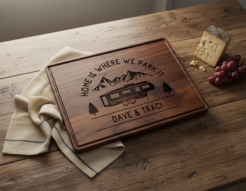 Home is where we park it Rv gifts Personalized cutting board Rv decor Custom camper decor Engraved Camp gift Motorhome gift Camping gifts image 1