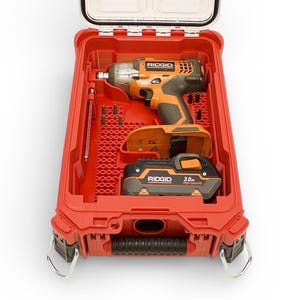 Milwaukee packout organizer insert storage kit designed to fit the Ridgid X3 Impact model #R86230 - with room to hold your tool, 1 battery and an assortment of areas to hold your bits securely.