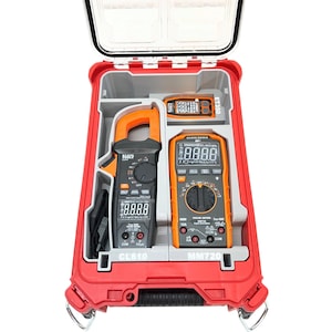 May include: A red hard-shell carrying case containing three Klein Tools electrical testing devices: a CL810 clamp meter, an MM720 digital multimeter, and an ET350 circuit tracer. Each tool is secured in a custom-moulded grey interior insert.