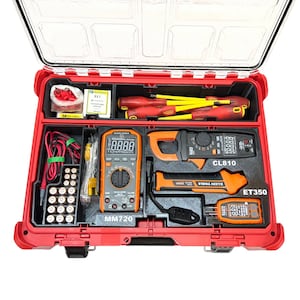 May include: A red plastic tool case containing a Klein Tools MM720 multimeter, a CL810 clamp meter, an ET350 circuit tracer, and a small outlet tester. The case also holds several screwdrivers with yellow and red handles, batteries, and wire connectors.