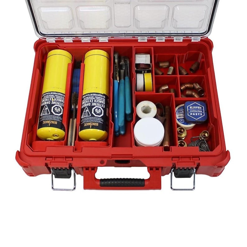 Milwaukee packout organizer insert storage kit designed to fit the bernzomatic map tank and torch - with separate bins and pockets custom designed to hold cutters, brushes, paste, flux, copper fittings, sand paper to suit your needs. comes with 2 free rubber dust caps.