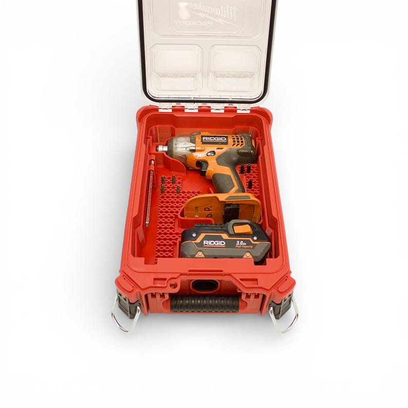 Milwaukee packout organizer insert storage kit designed to fit the Ridgid X3 Impact model #R86230 - with room to hold your tool, 1 battery and an assortment of areas to hold your bits securely.