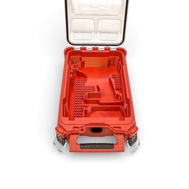 Milwaukee packout organizer insert storage kit designed to fit the Ridgid X3 Impact model #R86230 - with room to hold your tool, 1 battery and an assortment of areas to hold your bits securely.