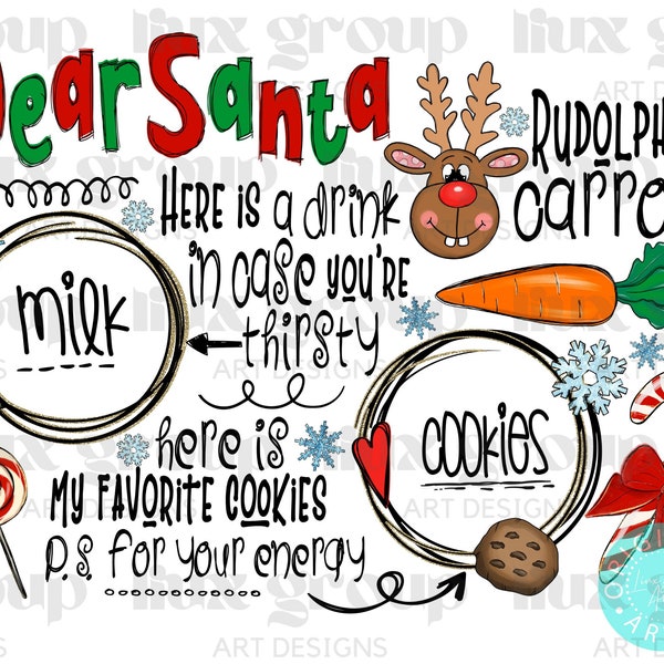 Dear Santa Tray Hand Drawn PNG, Cookies for Santa Tray Png,  santa platter png, milk and cookies platter png, Christmas plate PNG