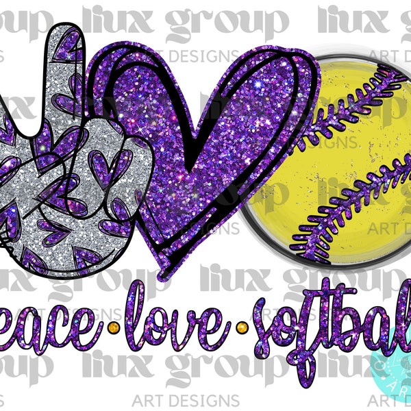 Peace Love Softball PNG, Softball Sublimation Design, Softball Purple Glitter Png