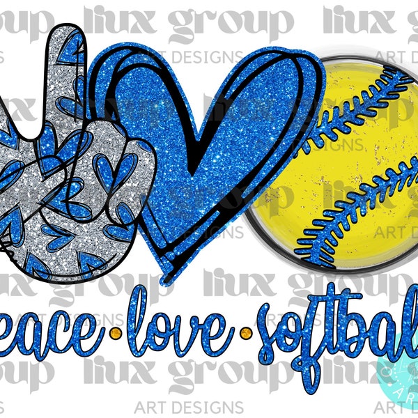 Peace Love Softball PNG, Softball Sublimation Design, Softball Blue Glitter Png