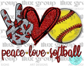 Peace Love Softball PNG, Softball Sublimation Design, Softball Red Glitter Png