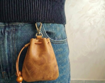 Handcrafted Genuine Leather Drawstring Bag | Vintage Coin & Key Pouch